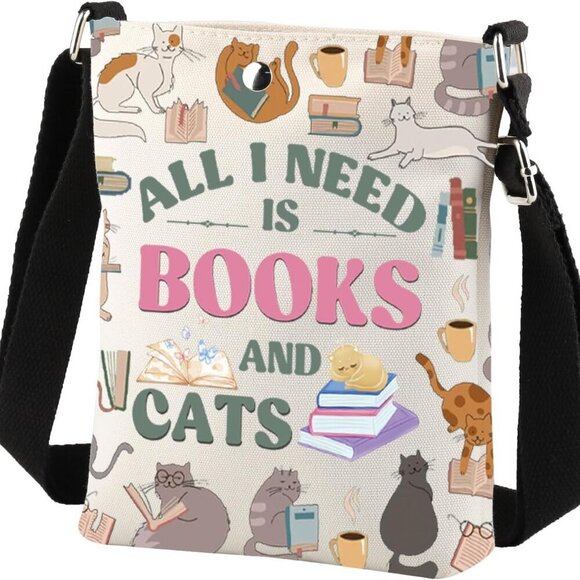 Books And Cats Crossbody Bag Waterproof Polyester Adjustable Shoulder - Picture 3 of 7